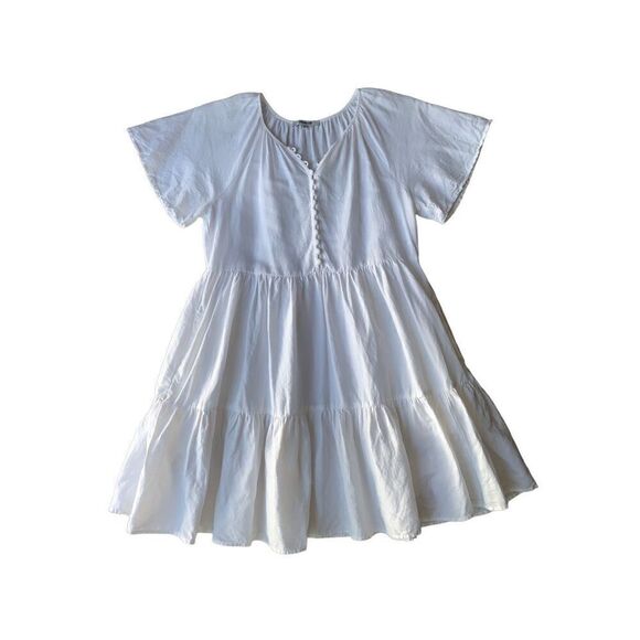 Madewell White Linen-Blend Flutter-Sleeve Tiered Mini Dress - Picture 7 of 14